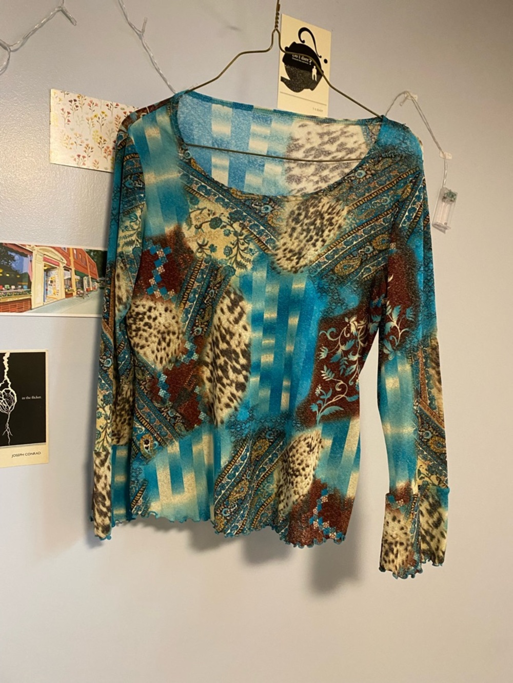 Y2k Blue Patterned Long-Sleeve Women’s Top